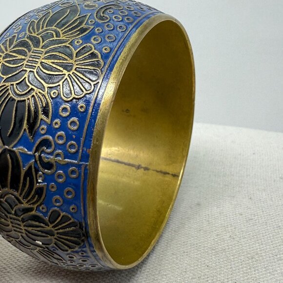 Vintage Enamel Cloisonne‎ Wide Bangle Bracelet Floral Brass Black Blue Boho Art - Picture 8 of 9